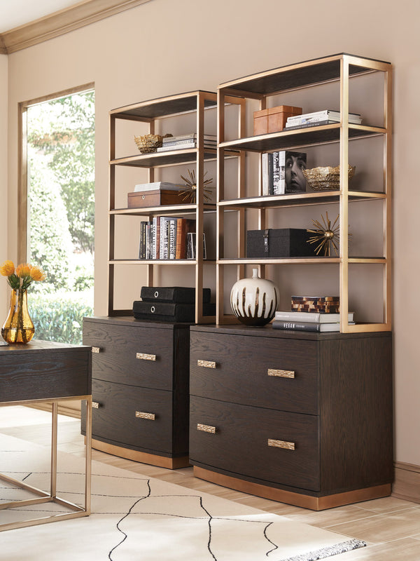 Lexington Sligh Carson Deck: Contemporary Oak Veneer Display Shelf With Brushed Silver Hardware And Warm Silver Leaf Frame Mocha Wood 323-441