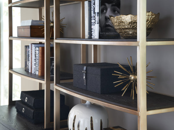 Lexington Sligh Carson Deck: Contemporary Oak Veneer Display Shelf With Brushed Silver Hardware And Warm Silver Leaf Frame Mocha Wood 323-441