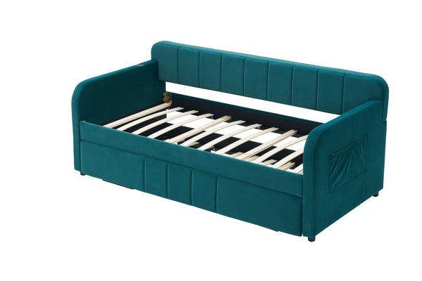 English Elm Twin Upholstered Daybed with Trundle Sofa Bed for Guest Room, Pine Wood Frame, Velvet Upholstery, Sturdy Slat Support and Full-Length Comfort Emerald W1361S00024
