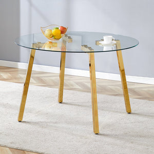 English Elm Modern Round Tempered Glass Dining Table with Gold 7-Shaped Legs, 47.3" Clear Top, Durable Luxury W1151S01881