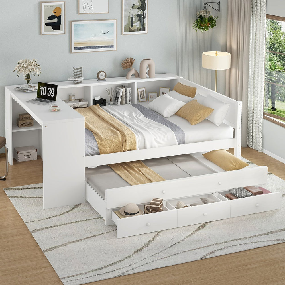 English Elm Full Size Daybed With Trundle & Desk, Solid Pine Frame, Storage Drawers, Modern White Design W1580S00205