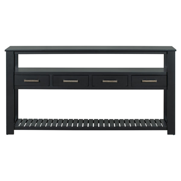 English Elm U_style Wide Entryway Console Table with Four Drawers and Open Shelving Storage N711P234484B