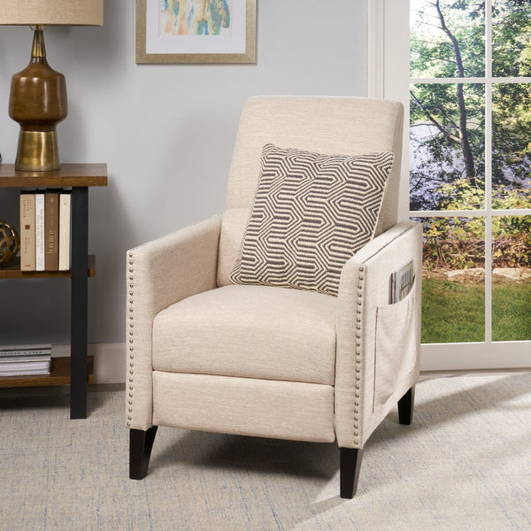 English Elm Pushback Recliner Accent Chair Solid Birch Frame Rivet Detail Mid-century Living Room Seat Beige 65532.00BGE