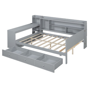 English Elm Full Size Wooden Daybed With 3 Storage Drawers, Built-In Desk & Usb Ports – Gray, Space-Saving Design N820S00018E