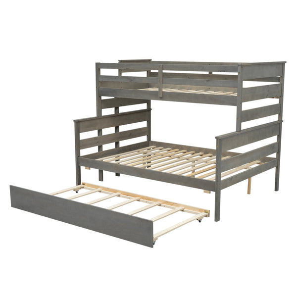 English Elm Wood Twin over Full Bunk Bed with Twin Trundle – Space-Saving Pine/MDF Triple Bed, Sturdy & Safe Design Grey GX000448AAE-1