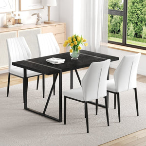 English Elm Black Faux Wood Grain Rectangular Dining Set with Shell Pattern Upholstered Chairs White+Black W1151S04366