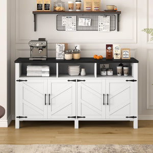 English Elm U_style 59 Inch Sideboard Buffet with Built in Power Outlets Open Cubbies Metal Accents White+Black N711P347407K