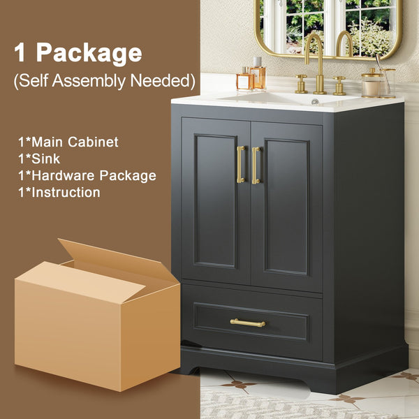 English Elm 24"Bathroom Modern Vanity with Ceramic Sink, Solid Wood Frame, Soft-Close Doors & Smart Storage System Black N729P321378B