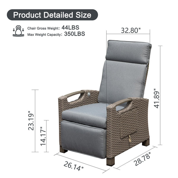 English Elm Outdoor Recliner Chair with Hand‑Woven Resin Wicker, Built‑In Flip Table, Thick Cushions, 150° Recline Gray W1859P196424