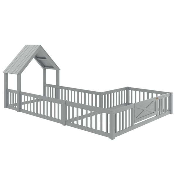 English Elm Twin House Floor Bed with Door and Full-Length Guardrails, Solid Wood Double Twin Floor Bed for Kids' Playful Rooms Grey W1580P354638