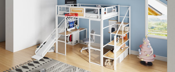 English Elm Full Full Size Metal Loft Bed with Built-In Desk, Slide, Basketball Hoop and Open Wardrobe Storage White GX001524AAK