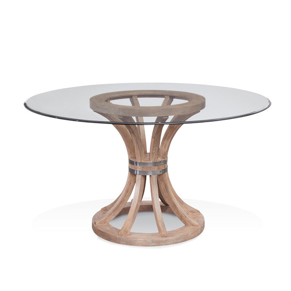 Basset Mirror Sheffield Dining Table - Stylish 54" Round Glass Top With Rustic Wood Base & Bronze Metal Accent Brown Ash Hardwood Solids,Oak Veneers, 3241-700-095