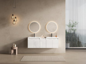 English Elm 60" Modern Wall-Mounted Bathroom Vanity with Resin Sink, Soft-Close Doors, Side Cabinet, Glossy White W999S00423