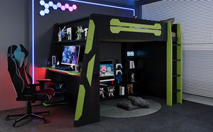 English Elm Full Size Wood Loft Bed with Rgb Lighting Desk Storage and Gaming Console Shelf Green LT000260AAG