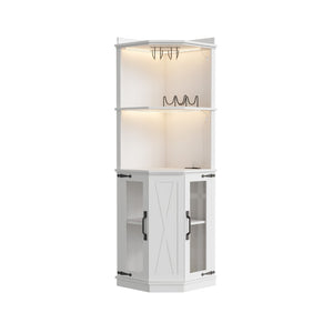 English Elm 67.3" Farmhouse Corner Bar Cabinet Led Lit Wine Storage with Built-in Power Outlets N735P361423K