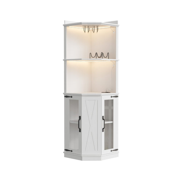 English Elm 67.3" Farmhouse Corner Bar Cabinet Led Lit Wine Storage with Built-in Power Outlets N735P361423K