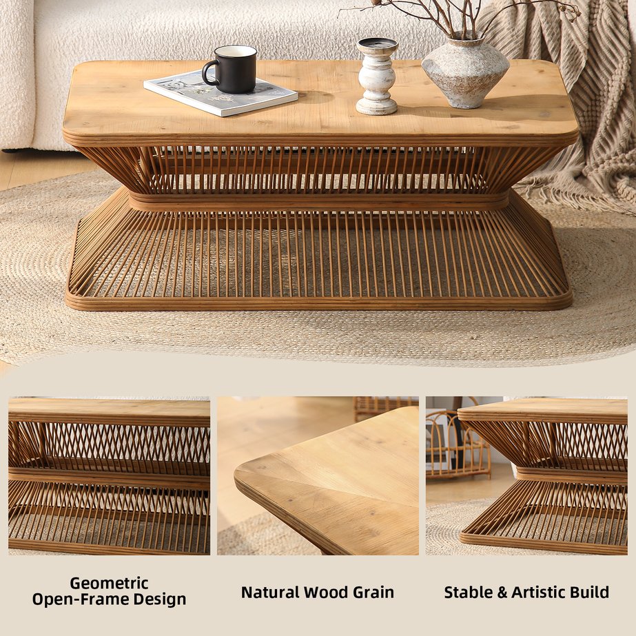 English Elm Mid-Century Rectangular Coffee Table 43.3" Antique Natural Bamboo & Solid Wood Woven Shelf Rustic Flair W3306P318518