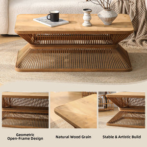English Elm Mid-Century Rectangular Coffee Table 43.3" Antique Natural Bamboo & Solid Wood Woven Shelf Rustic Flair W3306P318518