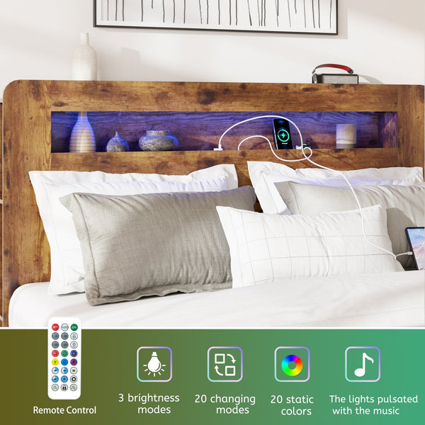 English Elm Bed Frame Queen Size - Stylish Wood Platform With Led Headboard, Usb Charging, And Storage Space W636P318036