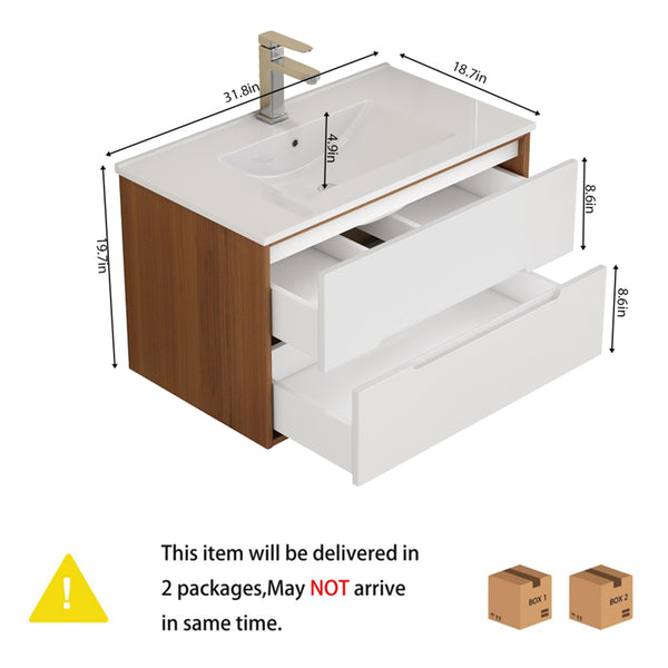 English Elm 32-Inch Wall-Mounted Bathroom Vanity With Sink Combo, Soft-Close Drawers, Modern Walnut Finish W3151S00049