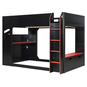 English Elm Full Size Loft Bed with Rgb Lighting Desk Drawers Hanging Rod Teen Bedroom Red LT000288AAJ-1