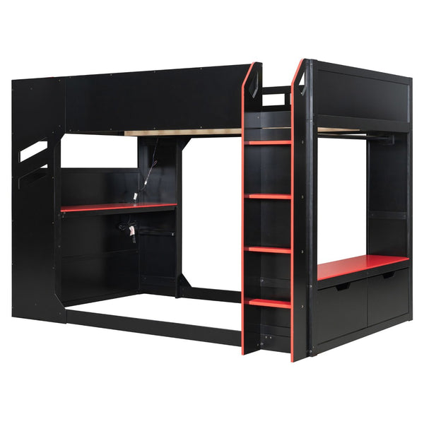 English Elm Full Size Loft Bed with Rgb Lighting Desk Drawers Hanging Rod Teen Bedroom Red LT000288AAJ-1