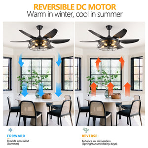 English Elm 52" Modern Black Ceiling Fan With Industrial Cage Design, 6-Speed Remote Control For Stylish Airflow W2312P374993