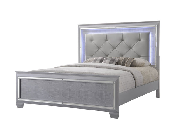 English Elm 1pc Modern Queen LED Faux Leather Upholstery Panel Bed with Tufted Headboard, Textured Footboard Glam Finish Beige,Silver 82.6 L x 2.76 W x 30.35 H B2741S00204