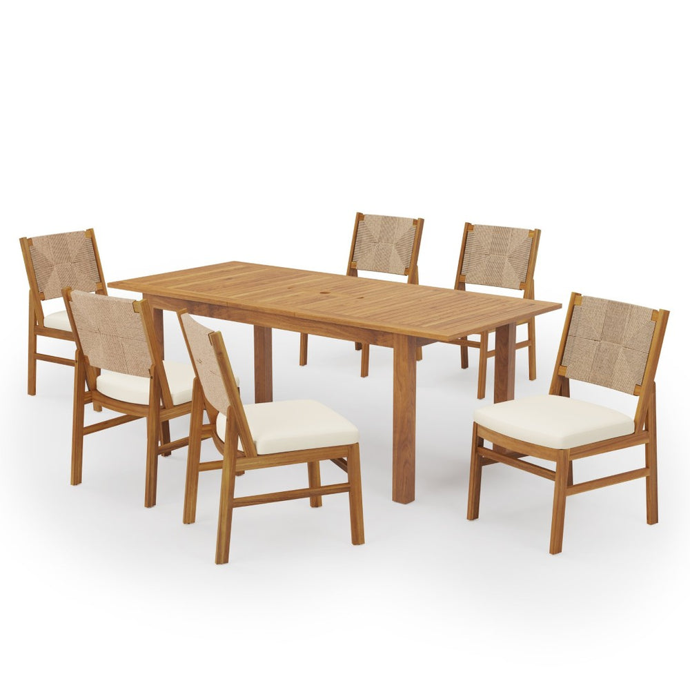 English Elm Outdoor Expandable Acacia Wood Patio Dining Set with Wicker Chairs and Cream Cushions N773OD00126B