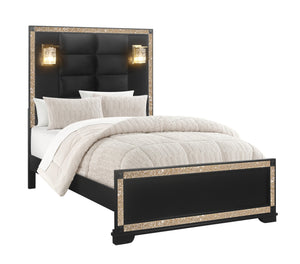 English Elm LIVELY Solid Wood Bed with Padded Headboard and Built-In Lamps, Low Profile Frame & Glitter Accents BLACK/GOLD FULL B201S00210