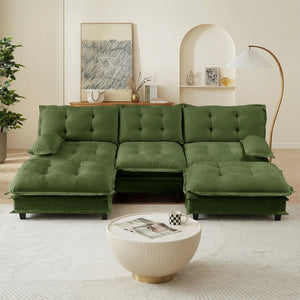 English Elm 107" U Shaped Chenille Sectional Cloud Sofa with Ottomans Deep Seat Modular Living Room Green W714S01730