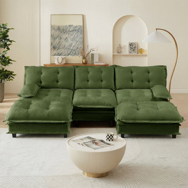 English Elm 107" U Shaped Chenille Sectional Cloud Sofa with Ottomans Deep Seat Modular Living Room Green W714S01730