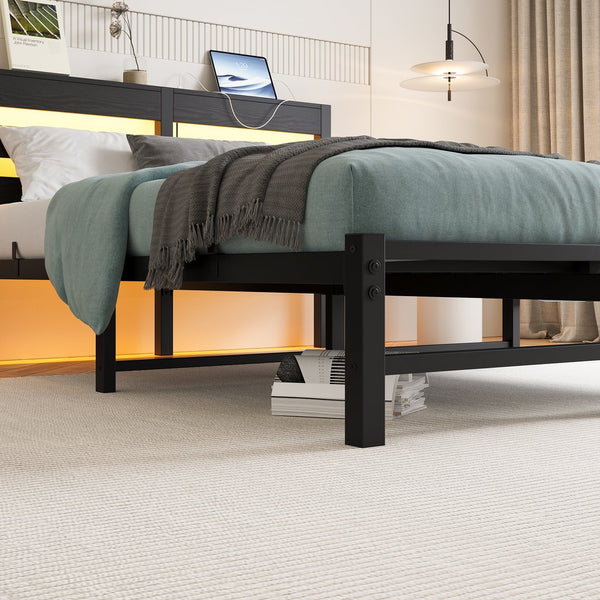 English Elm Full Metal Bed Frame with Wooden Headboard, USB Charging, RGB App Lighting, Large Under-Bed Storage Black W840P209906