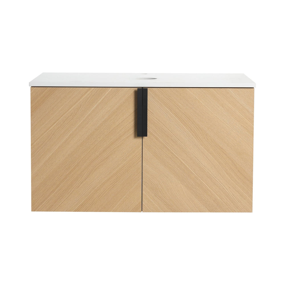 English Elm 30" Wall-Mounted Vanity with Artificial Stone Top, Oak Finish, Soft-Close Doors, Metal Handles, KD-pack W999P373489