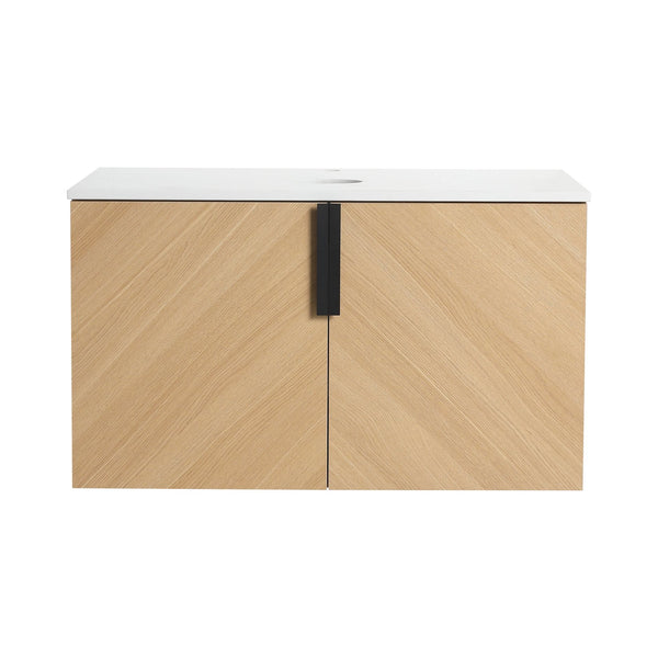 English Elm 30" Wall-Mounted Vanity with Artificial Stone Top, Oak Finish, Soft-Close Doors, Metal Handles, KD-pack W999P373489