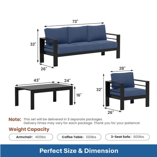 English Elm 4-piece Aluminum Outdoor Conversation Set with Rust-proof Matte Frame and Wpc Coffee Table Blue B082S00094