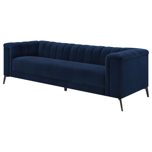 English Elm Darci Blue Velvet Tuxedo Sofa with Channel Tufting and Angled Black Metal Legs — Luxe Accent Seating B062P357812