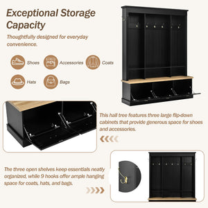 English Elm Farmhouse Hall Tree with Triple Arch Back Panel Eight Hooks Drawers and Entryway Bench Black N721S000062B