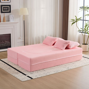 English Elm Queen Foldable Sofa Bed with Plush Chenille Cover, High-Density Foam Convertible Futon for Living Room Guest Room Bedroom Pink W1829P348205