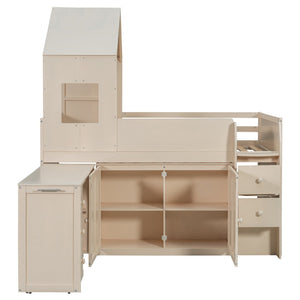 English Elm Twin House Loft Bed with Pull Out Rolling Desk Stair Drawers and Cabinet Storage Beige N820S00072A