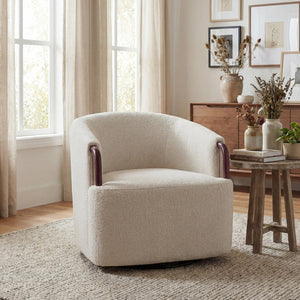 English Elm 30" Boucle Swivel Barrel Chair Wood Accents Sculptural Accent Seating for Any Room N767P422966B