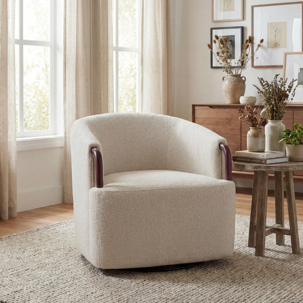 English Elm 30" Boucle Swivel Barrel Chair Wood Accents Sculptural Accent Seating for Any Room N767P422966B