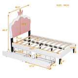 English Elm Twin Size Upholstered Princess Bed With Crown Headboard and 2 Drawers,Twin Size Platform Bed With Headboard and Footboard, Pink+White