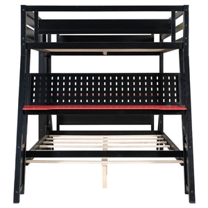 English Elm Full Size Gaming Bunk Bed with Dual Desks Usb Charging Ports and Pegboard Storage Red LT000274AAR