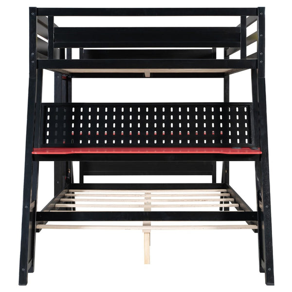 English Elm Full Size Gaming Bunk Bed with Dual Desks Usb Charging Ports and Pegboard Storage Red LT000274AAR