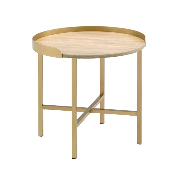 English Elm Round Round End Table with Tray-Style Oak Top and Gold Crossbar Base — Modern, Durable Accent Piece B016P325894