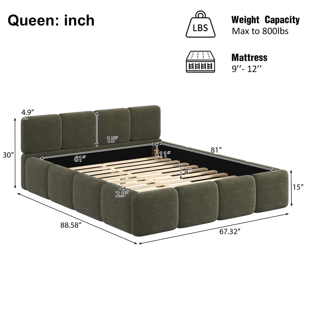 English Elm Queen Boucle Upholstered Platform Bed Low Profile Block Silhouette for Modern Bedroom N757P385459D