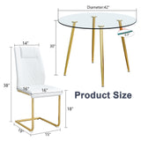 English Elm A Modern Minimalist Style Round Transparent Tempered Glass Table With Gold Metal Legs, Paired With 6 Modern Pu Leather High-Back Dining Chairs Bring A Luxurious Experience.