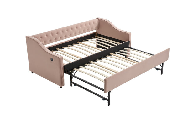 English Elm Twin Velvet Daybed with Pull Out Trundle Tufted Back Usb Port and Side Pockets Pink W1361S00037