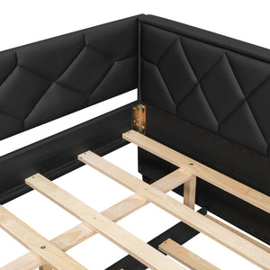 English Elm Full XL Upholstered Daybed with Trundle and Built-In LED Lighting, Tufted Arms, Solid Wood Frame Black N7090000611B